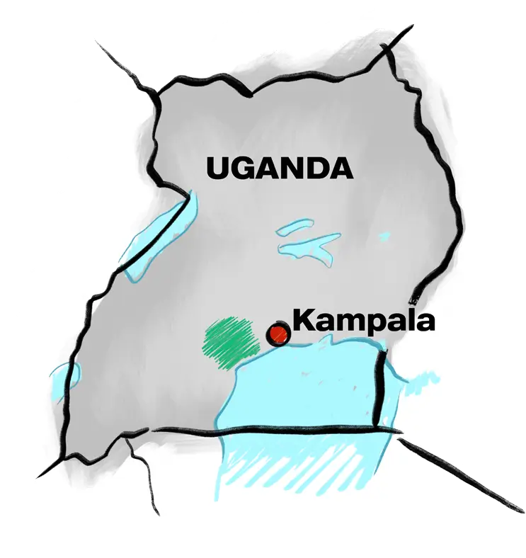 Deichmann Stiftung | Sozialunternehmen Uganda – armut – klima – flucht Sozialunternehmen Uganda – Handzeichnung von Uganda – Kampala ist hervorgehoben